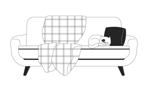 recommend clip art: Blanket covered couch cozy with sleeping cat near pillow black and white 2D line object. Comfortable sofa with napping kitten isolated clip art vector outline item. Monochromatic spot illustration
