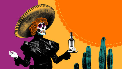 Female skull adorned with sombrero and marigolds, holding bottle of tequila against vibrant...