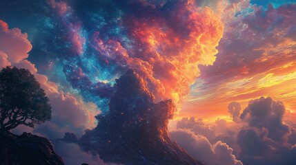 Fototapeta premium A fantasy landscape with glowing clouds in shades of orange, pink, and blue, creating a dramatic and vibrant sky and landscape.