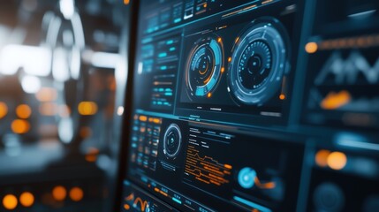 Computer screen showing futuristic interface with hud elements in orange and blue