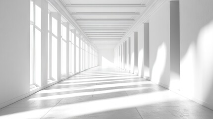 A long, empty hallway with white walls and a white ceiling, with shadows stretching across the floor.