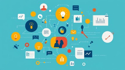An abstract illustration showcasing interconnected ideas, data and communication icons on a bright, vivid background.