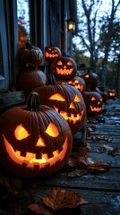 Fototapeta premium A festive Halloween scene featuring glowing jack-o'-lanterns lined up on a porch, surrounded by autumn leaves and twilight ambiance.