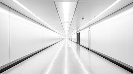 Obraz premium A long, empty hallway with white walls and a white ceiling, illuminated by bright white lights.