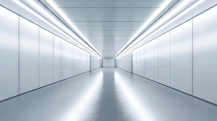 A long, empty hallway with white walls and a white ceiling, illuminated by bright white lights.