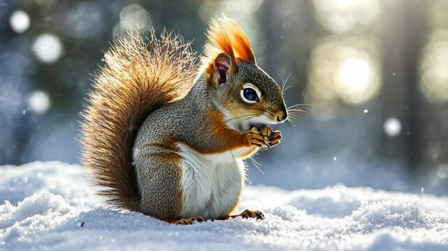 A squirrel eats a nut in the snow on a winter day
