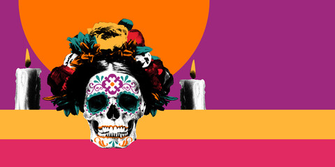 Skull adorned with flower wreath, flanked by two candles against vibrant orange and purple...