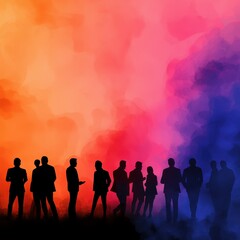 Fototapeta premium Silhouettes of diverse individuals against a vibrant, colorful smoke background, creating a dynamic and artistic atmosphere.