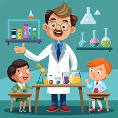 A Science Teacher Wearing a Lab Coat, Demonstrating a Chemistry Experiment to Students, With Lab Equipment on a Table. Vector art Illustraion 