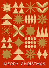 Christmas greeting card with red and golden geometric elements. Flat style. Template for winter holidays design. Vector illustration
