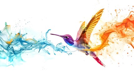 Fototapeta premium Vibrant hummingbird soaring through a splash of colorful fluid patterns in a creative artistic representation