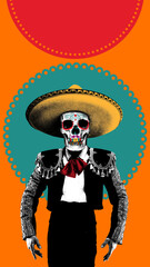 Colorful skull dressed as mariachi, adorned with sombrero and red tie, against vibrant orange and teal background, symbolizing the festive spirit of Mexico.