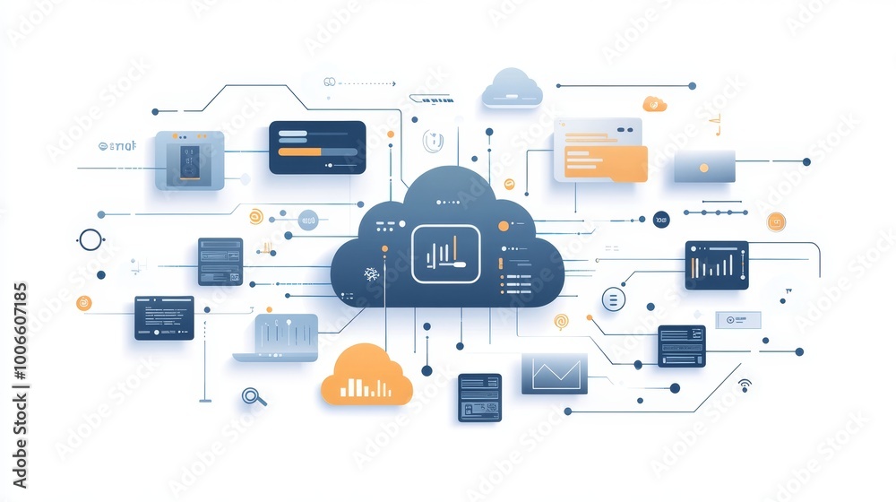 Poster illustration of a cloud computing network, signifying digital connectivity and data management acros