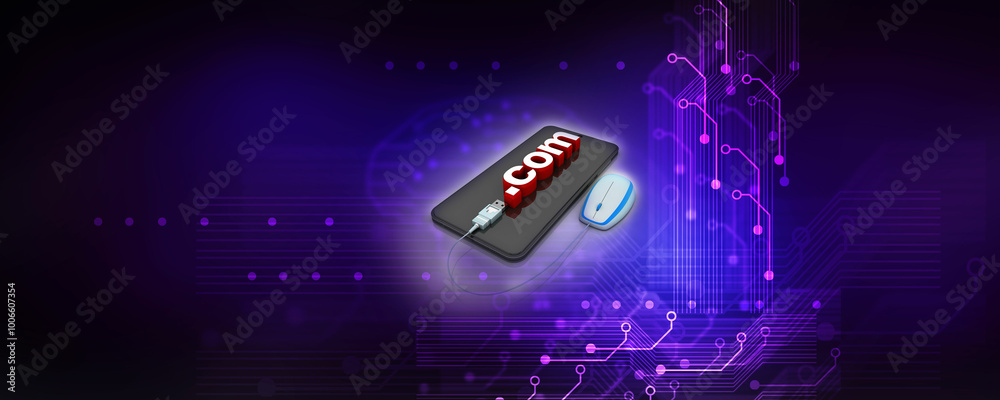 Poster 3d rendering word dot com in mobile phone connecting mouse