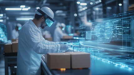 A futuristic supply chain hub with workers using augmented reality glasses to track real-time parcel pickups and deliveries, visualized with holographic data overlays. photo