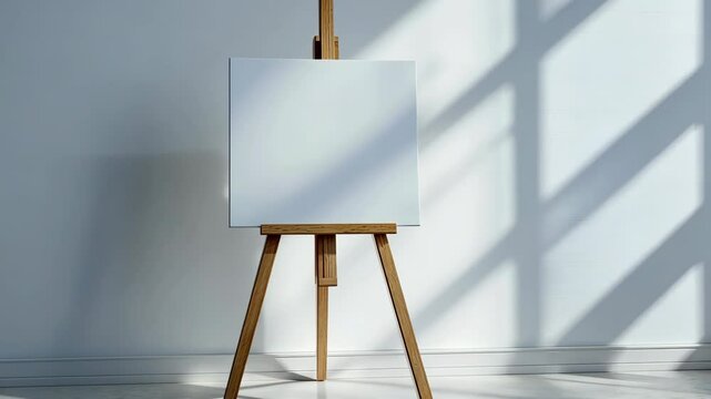 A blank canvas stands on an easel in a studio with sunlight streaming through the window