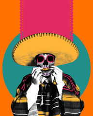 Colorful skull wearing sombrero and poncho, adjusting its mustache and teeth, against vibrant orange and teal background with a pink banner, symbolizing the festive spirit of Mexico.
