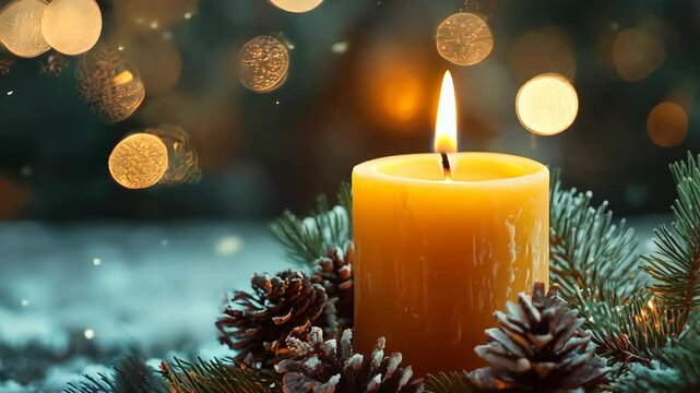 Christmas candle and pine cones on a wooden background with copy space.