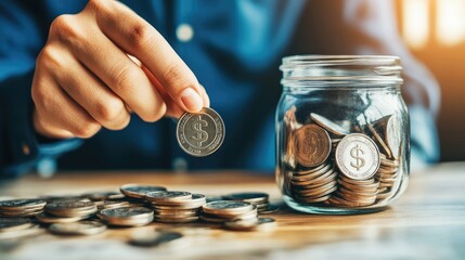 Hand Holding Coin Next to Jar of Coins