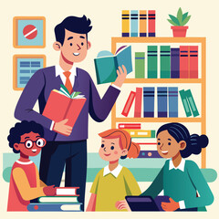 A Teacher Guiding Students Through Books in a School Library, With Shelves Full of Books in the Background Vector art Illustraion 