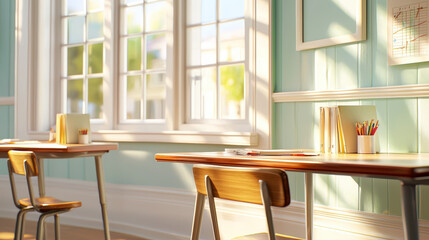 Bright and inviting classroom with wooden desks and chairs, bathed in natural light from large windows. serene atmosphere encourages learning and creativity