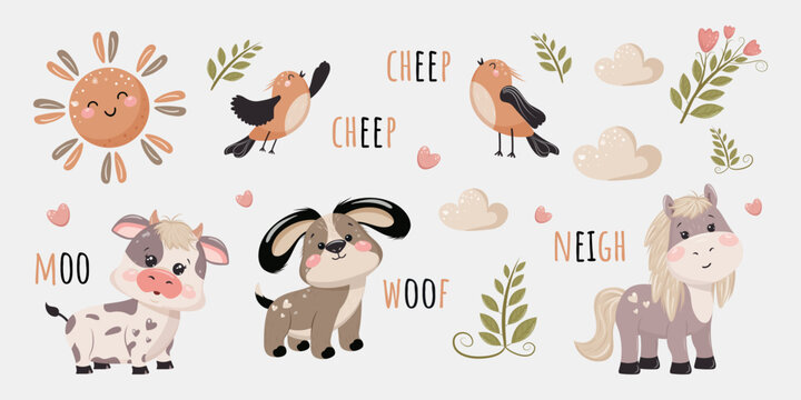 Fototapeta A set with pets and inscriptions about the sounds they make. Vector design