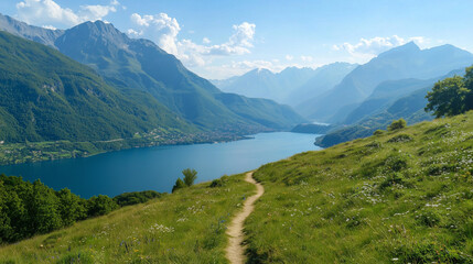Obraz premium A panoramic view of towering mountains with a winding hiking trail leading to a sparkling blue lake nestled in the valley, surrounded by lush greenery and wildflowers in bloom. pho