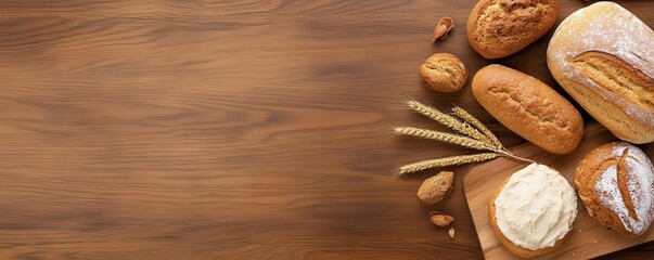 Assortment of fresh bread on rustic wooden table with wheat stalks and nuts.