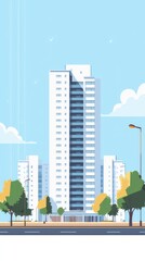 A modern apartment building surrounded by greenery under a bright blue sky, showcasing urban living and contemporary architecture.