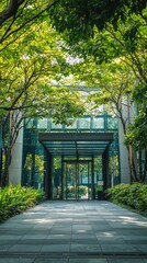 A modern building entrance surrounded by lush greenery and trees, creating a serene and inviting atmosphere.