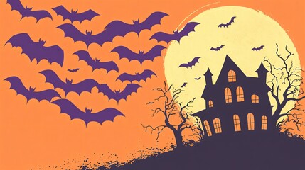 Halloween background with bats and a spooky house in front of the full moon.