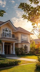 A modern home bathed in golden sunlight, surrounded by lush greenery and a manicured lawn. Perfect for real estate or lifestyle imagery.