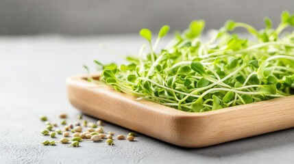 Fresh green microgreens on a wooden tray with seeds.