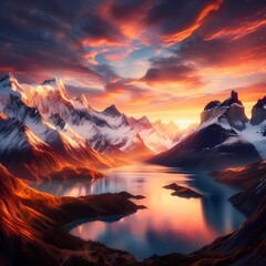  "Serene Landscape of Mountains at Sunset"
A breathtaking view of snow-capped mountains bathed in the warm colors of a sunset, with a tranquil lake reflecting the sky. Ideal for nature and travel-them