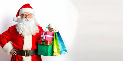 3D Santa with Eco-Friendly Gift Bags - Bright Cartoon Design on Seamless Background for Promotional Text - Isolated Icon for Holiday Marketing