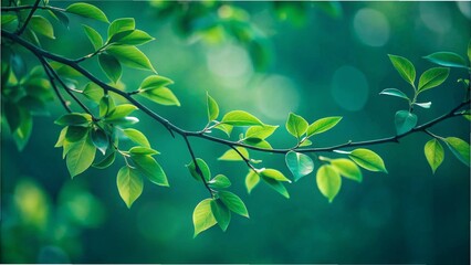Obraz premium Green leaves on a tree branch with a softly blurred background, creating a serene and natural atmosphere