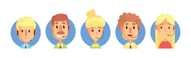 Hotline Call Center Man and Woman Operator at Support Department Vector Set