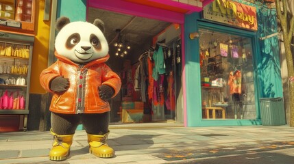 A panda wearing a designer coat and boots, standing in front of a brightly colored boutique on a trendy shopping street.