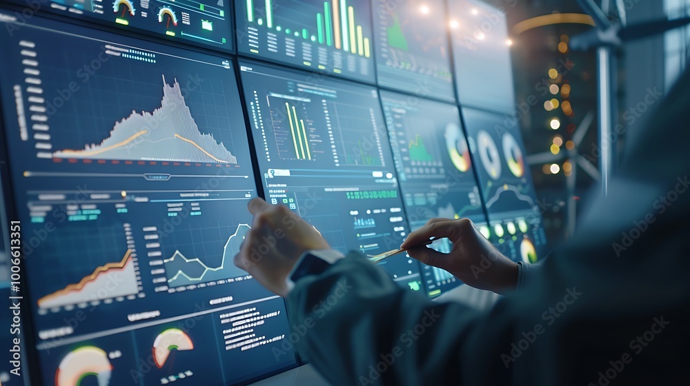 Poster engineer’s hands operating control panel amidst wind turbine data screens