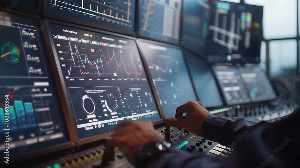 Poster engineer’s hands operating control panel amidst wind turbine data screens