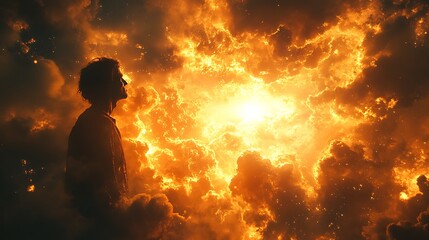 Obraz premium Silhouette of Man Looking Up at Bright Orange and Yellow Clouds