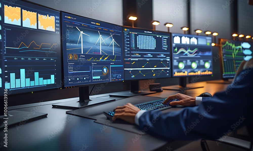 Poster engineer’s hand interacting with keyboard among wind turbine monitors