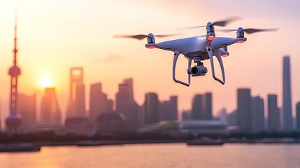 Drone Flying Over City Skyline at Sunset