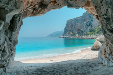 Fototapeta premium Ancient Cave View of Turquoise Water and Sandy Beach in Greece