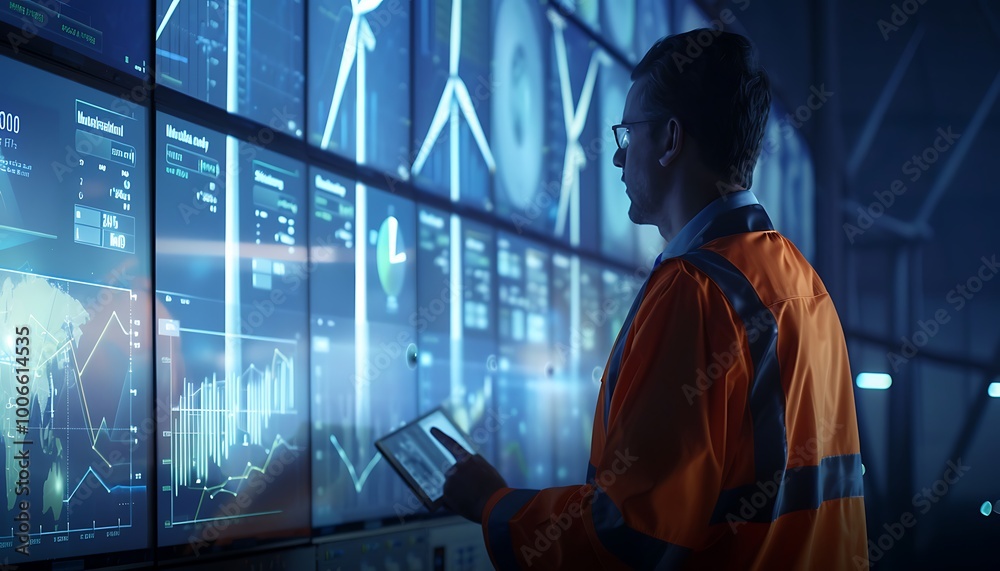 Poster Engineer Operating Touchscreen Displaying Wind Turbine Analytics
