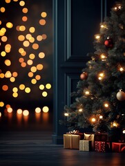 Cozy Christmas tree adorned with lights and gifts in a softly lit room during the holiday season