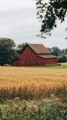 Obraz premium A picturesque red barn surrounded by golden fields, capturing the essence of rural life and serene landscapes.