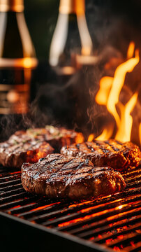 Sizzling steaks on a grill with flames and champagne bottles