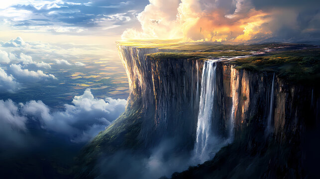 A dramatic cliffside view with cascading waterfalls. cliffside view. illustration. Cliffside Waterfall. Illustration