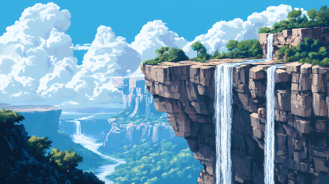 A dramatic cliffside view with cascading waterfalls. cliffside view. illustration. Cliffside Waterfall. Illustration